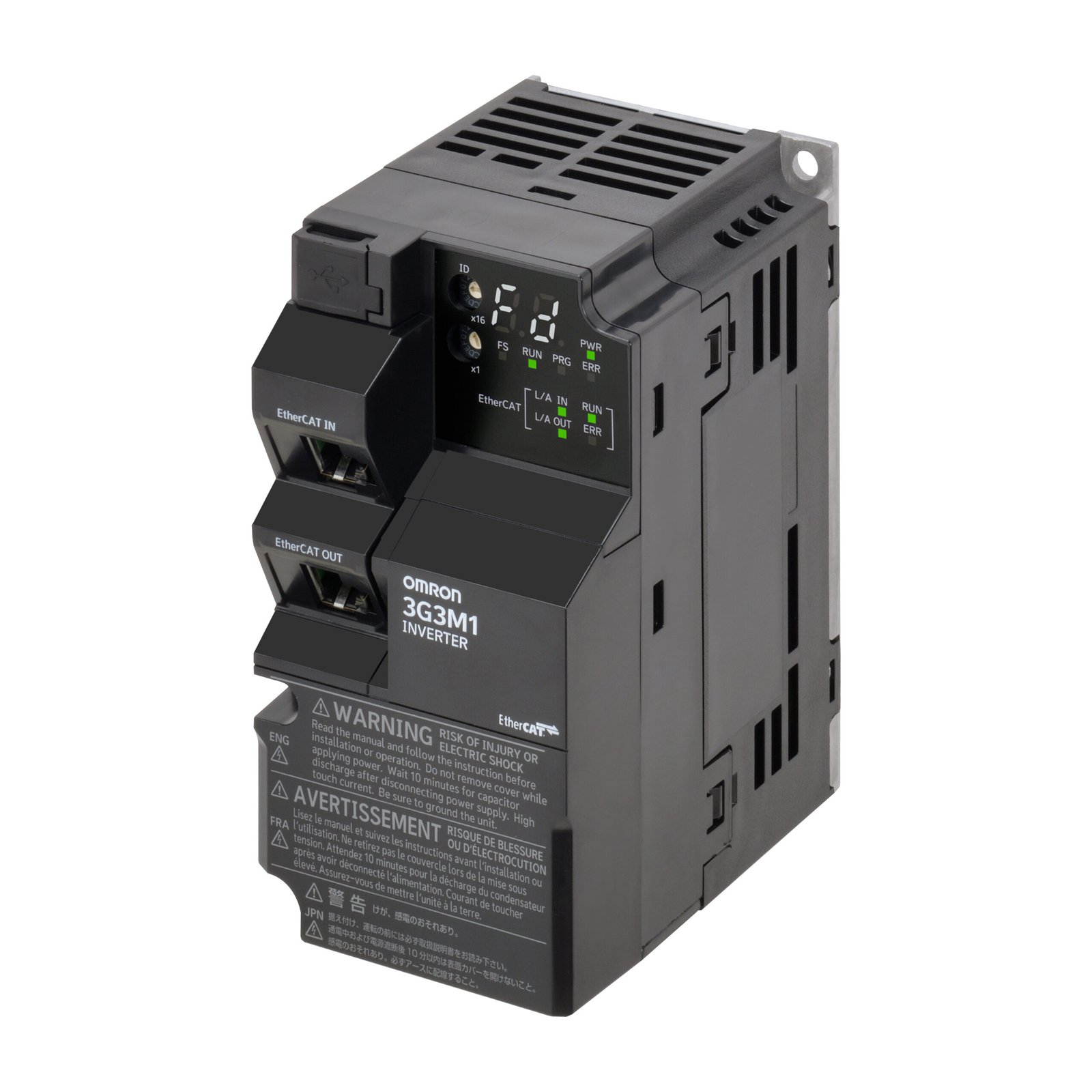 3G3M1-A2001-ECT VFD 3G3M1-AB004-ECT - M1 AC Drive, 0.4/0.55 kW (HD/ND), 3.0/3.5 A (HD/ND), 200 VAC, 1~ input, OLV/CLV control, EtherCAT, STO (FSoE + wired), max. output freq. 590 Hz. - Image 1