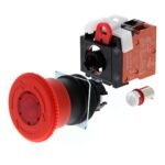 Emergency stop switch, 24 VAC/DC illuminated, 40 mm dia., push-lock/turn-reset, SPST-NC, IP65