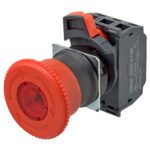 Emergency stop switch, 24 VAC/DC illuminated, 40 mm dia, push-lock/turn-reset, SPST-NC, Push-in
