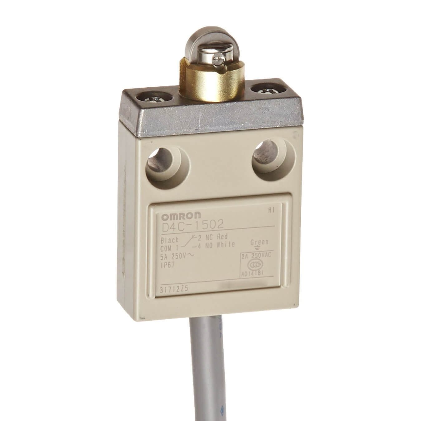 D4C-1502 Compact enclosed limit switch, roller plunger, 4 A 30 VDC, 3 m VCTF oil-resistant cable - Image 1