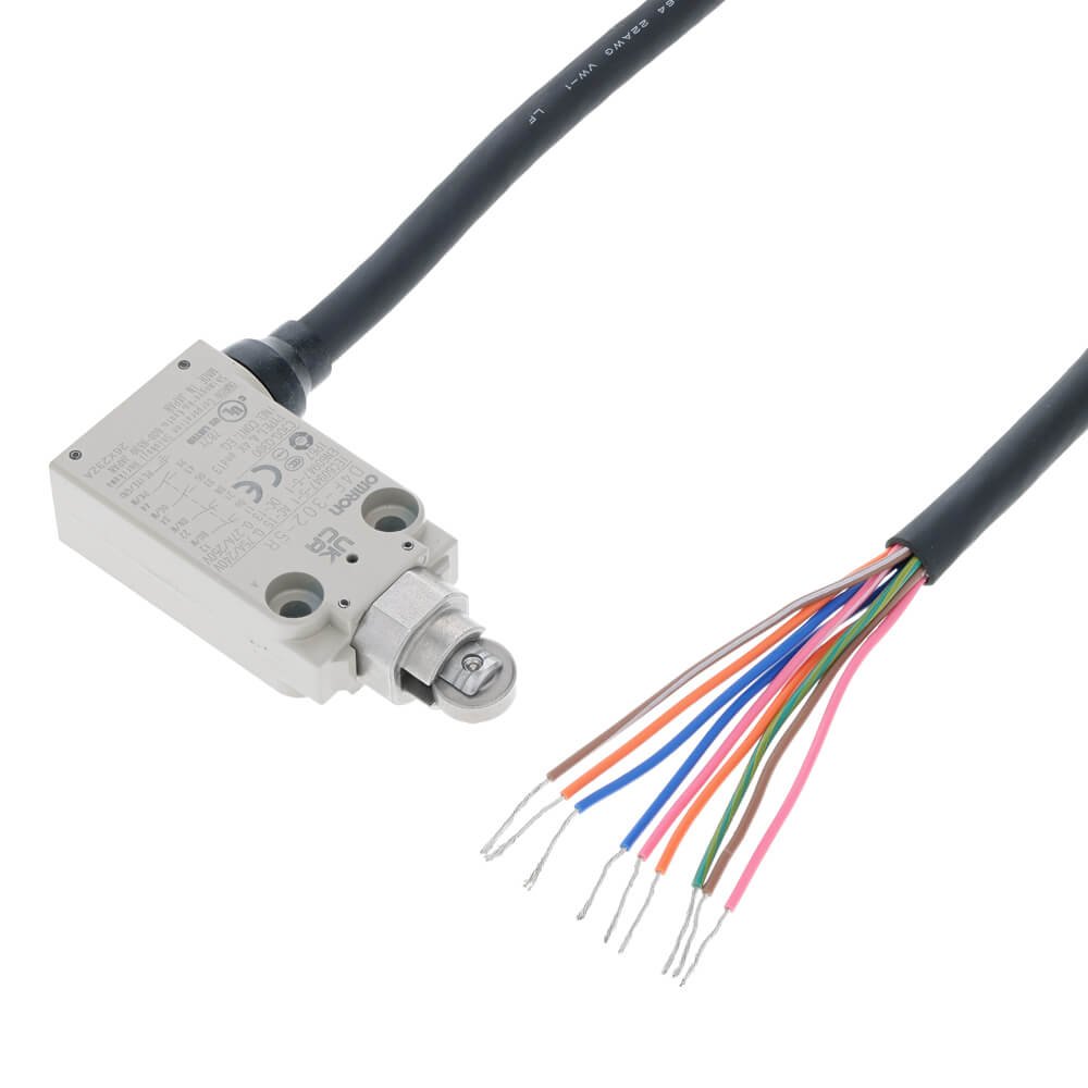 D4F-302-5R Small Safety Limit Switch, 2NC/2NO slow-action, roller plunger, 5 m cable, horizontal cable exit - Image 1