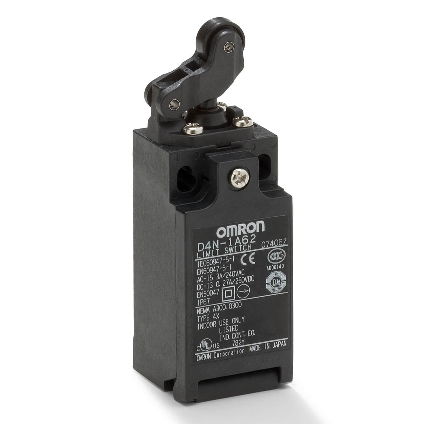 D4N-1A62 Safety Limit switch, D4N, M12 connector (1 conduit), 2NC/1NO (slow-action), one-way roller arm lever (horizontal) - Image 1