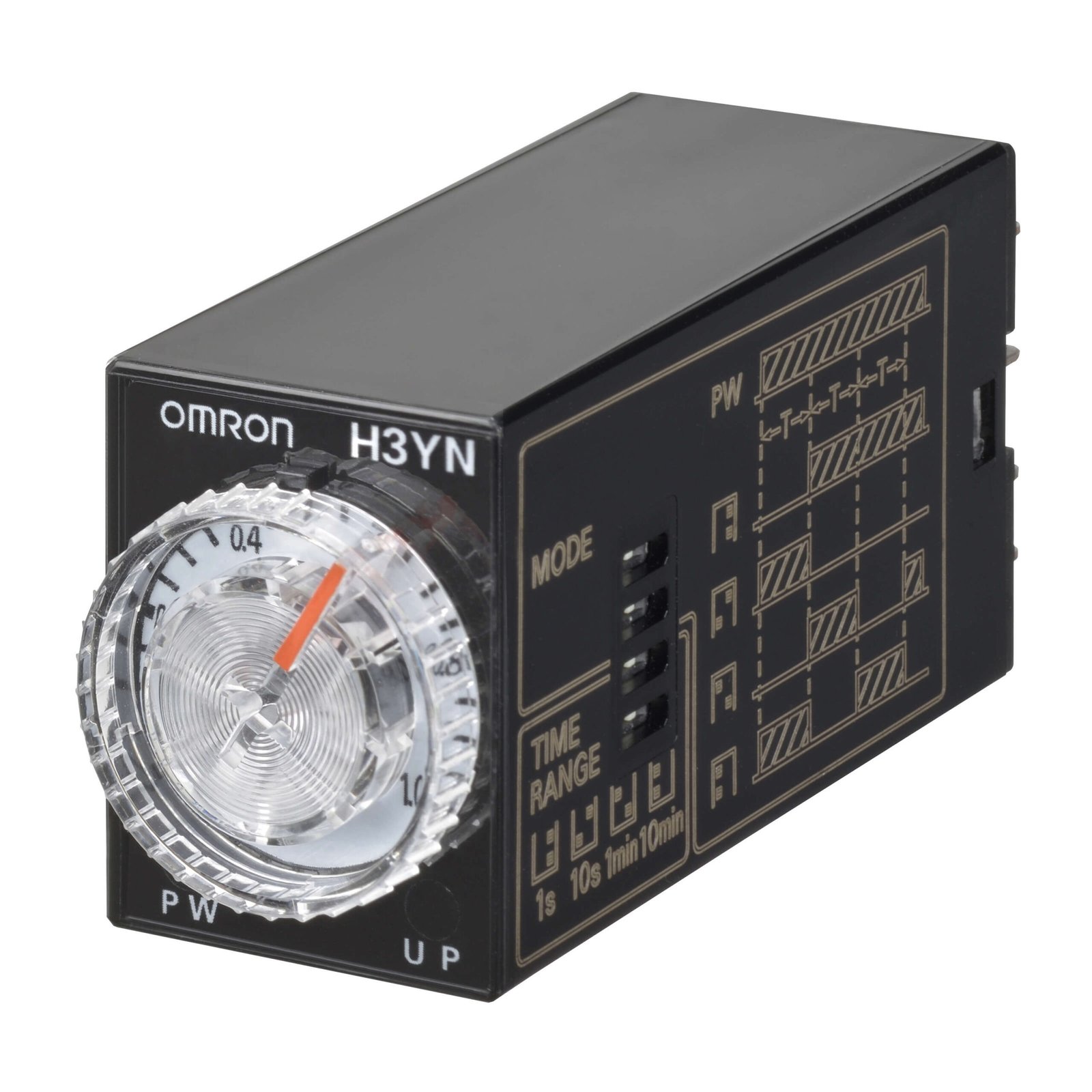 H3YN-4x-Bx Timer, plug-in, 14-pin, multifunction, 0.1s-10m, 4PDT, 3 A, 200-230 VAC Supply, Black, Top coil side - Image 1