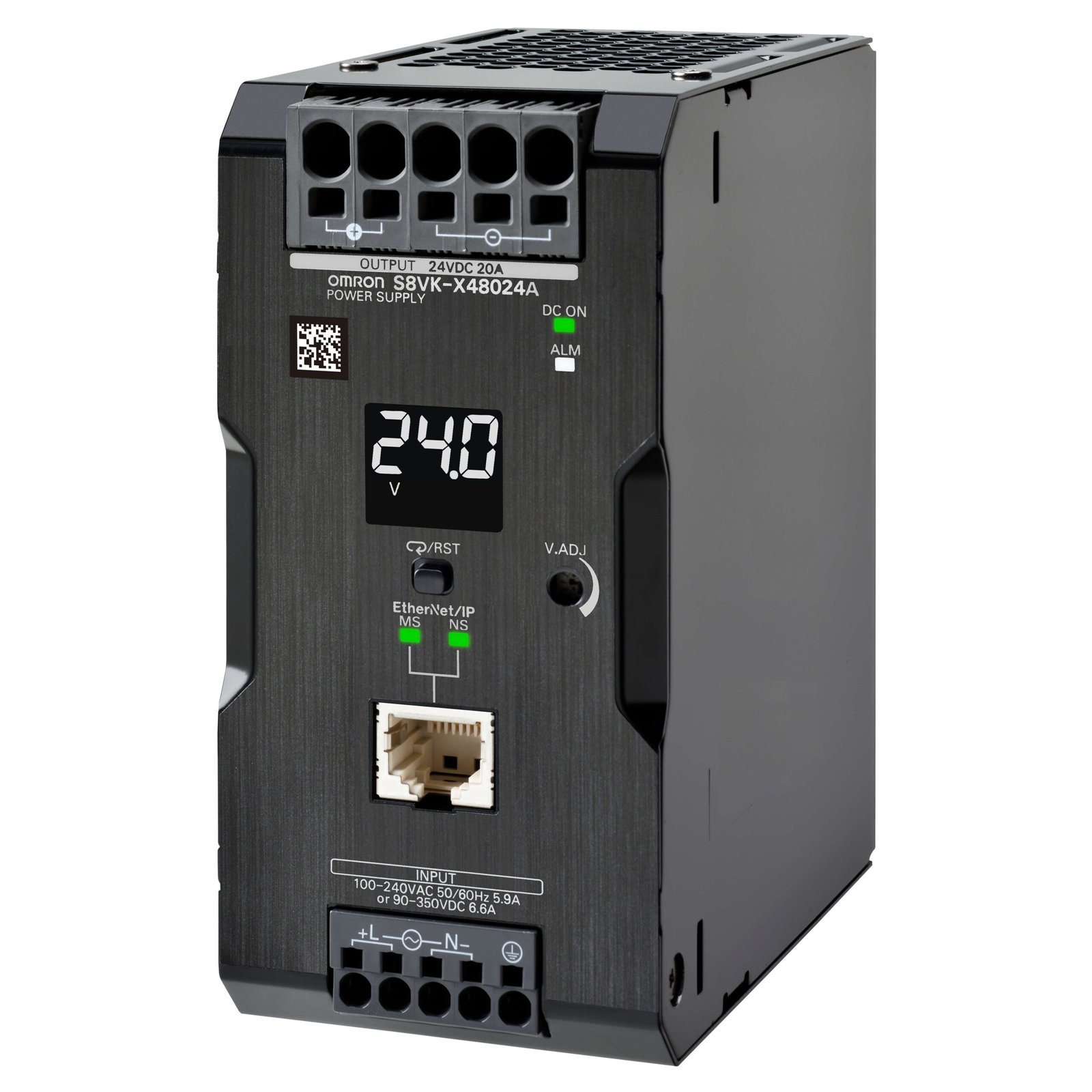 S8VK-X48024A-EIP Book type power supply, 480 W, 24 VDC, 20 A, DIN rail mounting, Push-in terminal, Coated, display, Ethernet IP / Modbus TCP compatibility - Image 1