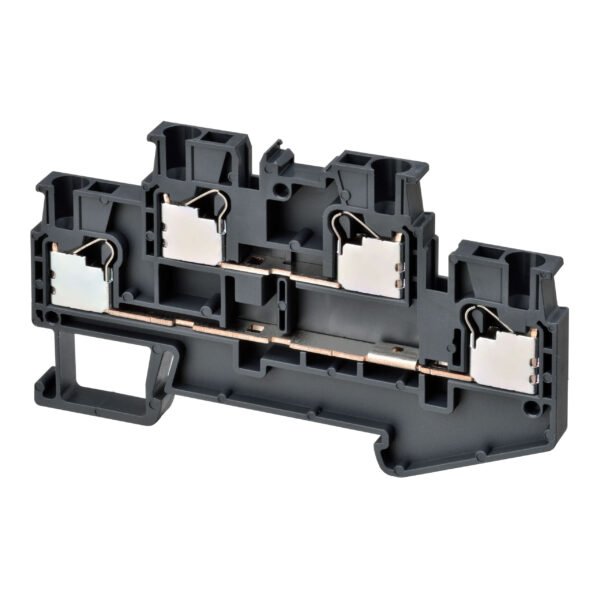 Multi-tier feed-through DIN rail terminal block with push-in plus connection for mounting on TS 35, nominal cross section 2.5 mm², color gray