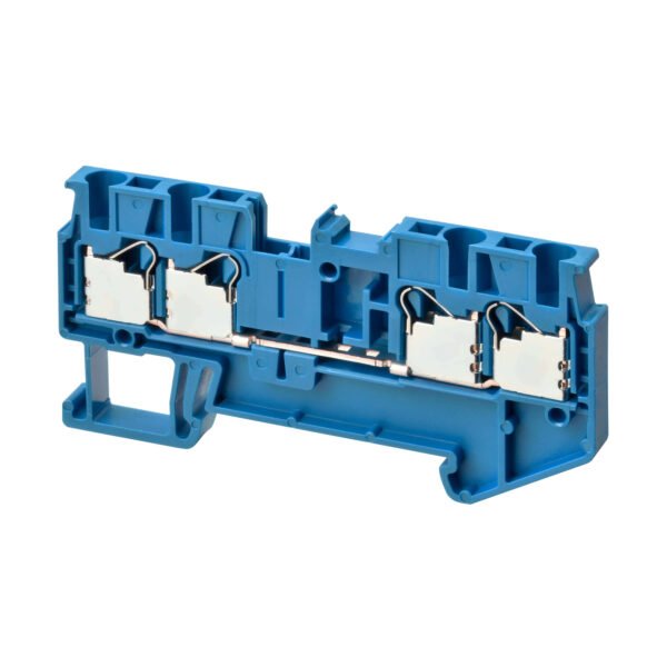 Multi conductor feed-through DIN rail terminal block with 4 push-in plus connection for mounting on TS 35, nominal cross section 2.5 mm², color blue